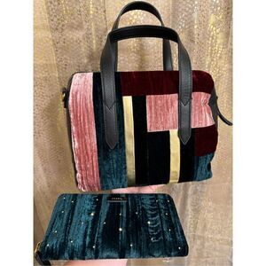Fossil Sydney Satchel Velvet Patchwork Green Red Pink & Wallet NWT